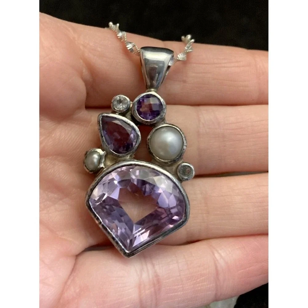 Vintage‎ STARBORN Amethyst Pearl Pendant Sterling Silver 16'' Necklace Abstract